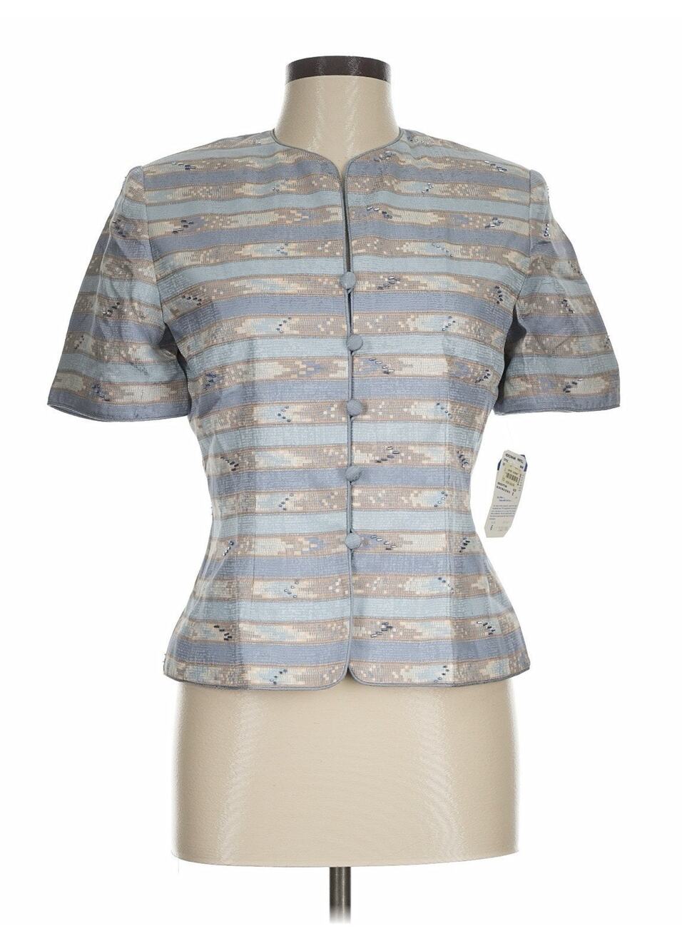 NWT Adrianna Papell Short Sleeve Silk Buttons Jacket Top Blue Brown Beads 6